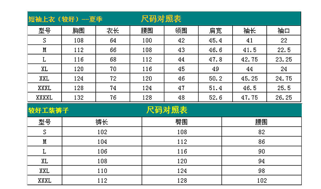 短袖工作服AD114-DX尺寸圖