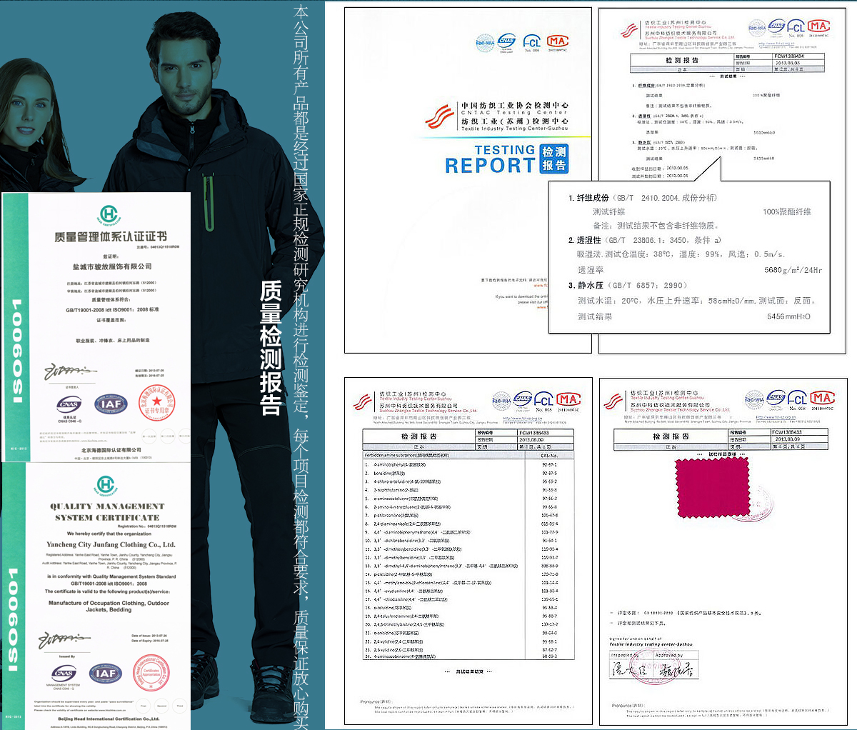 沖鋒衣定制款式面料檢測證書